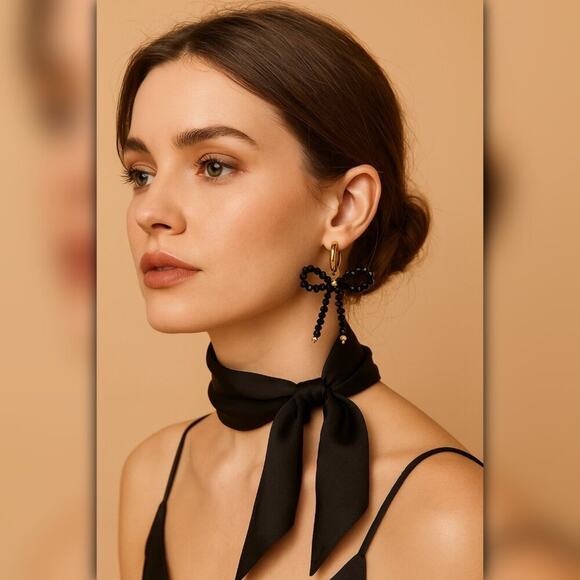 A260-C • Beaded Bow Earrings in Black – 18K Gold Stainless Steel - Picture 1 of 4